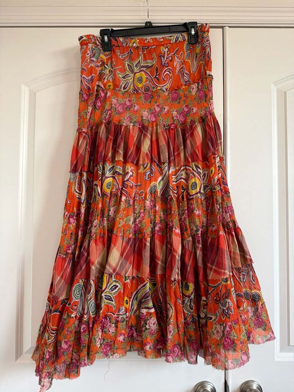 Solitaire Los Angeles Orange Boho Paisley Floral Plaid Tiered Maxi Skirt Size L